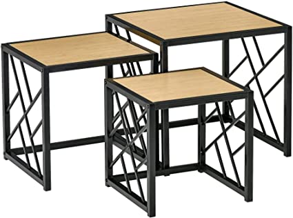 HOMCOM Ensemble de 3 Tables Basses gigognes encastrables Style Industriel métal Noir Aspect Bois Clair