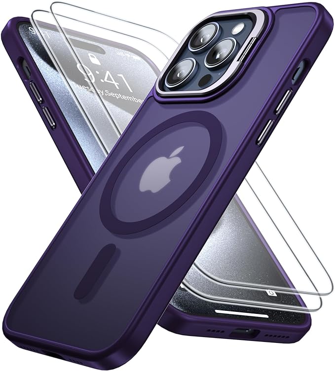 AEDILYS Magnetic Case for iPhone 15 Pro Case add Stand,with 2 Screen Protector [Military-Grade Drop Tested] [Compatible with MagSafe] Translucent Slim Anti-Scratch Anti-Fingerprint, Matte Purple