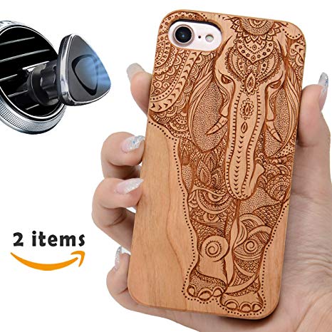 iPhone 7 6 8 Case Elephant, iProductsUS iPhone 8 Wood Case, Engraved Unique Elephant, Built-in Metal Plate, Covered TPU Rubber iPhone Shockproof Case (4.7”) with Magnetic Phone Mount