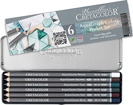 Cretacolor AquaGraph Graphite Aquarelle Set, 6 Count (Pack of 1), White, Brown, Teal, Green, red, Blue