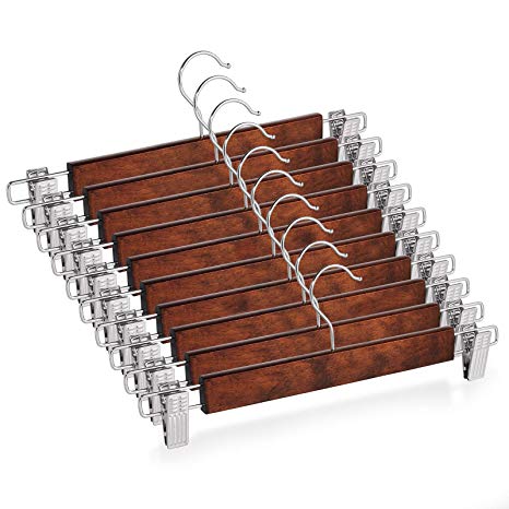 Casafield - 10 Walnut Wooden Pants Hangers with Non-Slip Metal Clips - Premium Lotus Wood & Chrome Swivel Hook for Dress Clothes, Trousers, Skirts, Slacks