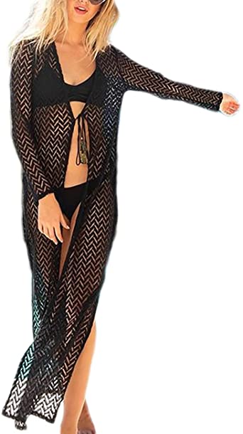 Bsubseach Women Sexy Lace Crochet Open Front Swimsuit Beach Long Kimono Cover Ups