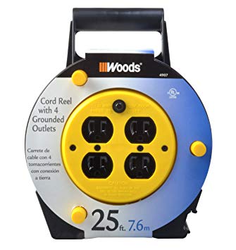 Woods 4907 Extension Cord Reel with 4-Outlets 16/3 SJTW and 12A Circuit Breaker, 25-Foot