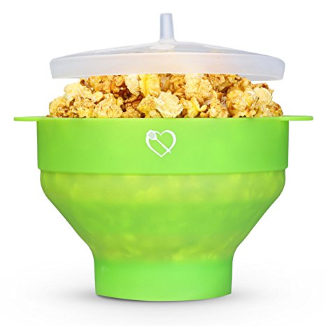Live Healthy Microwave Popcorn Popper [Collapsible] [Heat Safe Side Handles] No Oil required, [BPA PVC Free] Silicone Popcorn Maker with lid [Dishwasher safe] Green