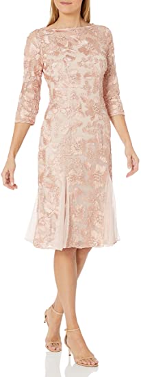 Alex Evenings Women's Tea Length Embroidered Dress Illusion Sleeves (Petite Missy)