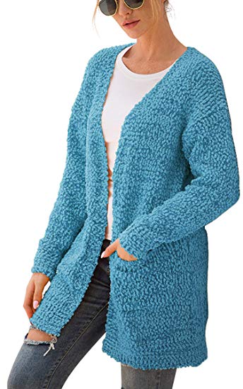 ECOWISH Womens Soft Chunky Knit Sweater Long Sleeve Open Front Cardigan Outwear with Pockets