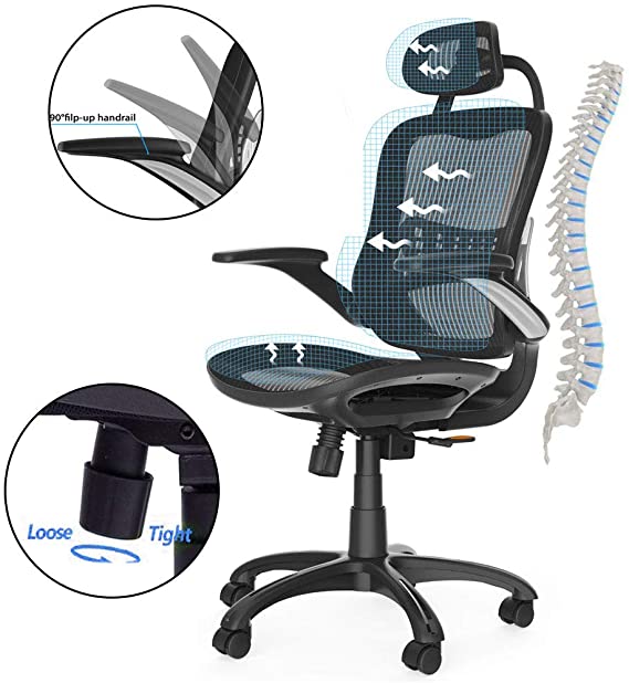 Komene Ergonomic Mesh Desk Chair, High Back Office Chair - Adjustable Headrest with Flip-Up Arms, Lumbar Support,Tilt Function, and PU Wheels, Swivel Black Computer Task Chair