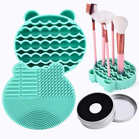 Silicon Makeup Brush Cleaning Mat with Brushes Drying Holder Portable Bear Shaped Cosmetic Brush Cleaner Pad  Makeup Brush Dry Cleaned Quick Color Removal Sponge Scrubber Tool (Green)