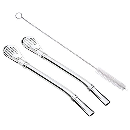GFDesign Yerba Mate Bombilla Gourd Drinking Filter Straws Stirrer Food-Grade 18/8 Stainless Steel - Set of 2 with Cleaning Brush - 6.1" Long