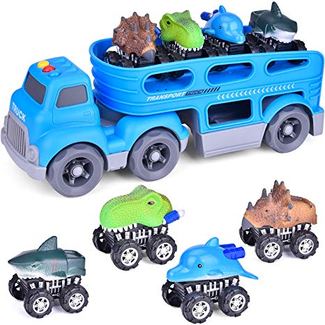 FunLittleToy Friction Powered Car Carrier Truck Toy for Kids with Lights and Sounds, Includes 4 Pull Back Dinosaur Cars