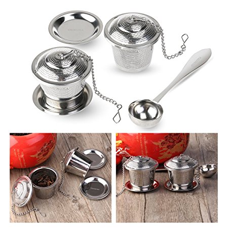 OUNONA Tea Strainer Loose Tea Infuser 304 Stainless Steel Tea Steeper (Set of 2) with Tea Scoop and Drip Trays
