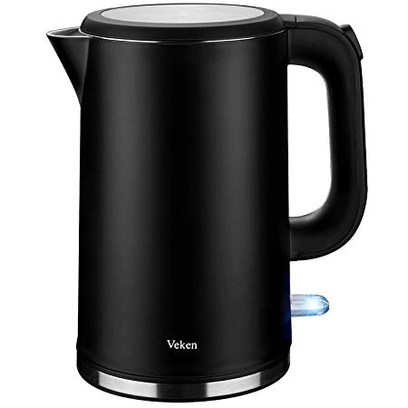 Veken Electric Kettle, 1.7L Double Wall 100% Stainless Steel Tea Water Heater Boiler, BPA-Free Cool Touch with Auto Shut-Off & Boil Dry Protection (Black)