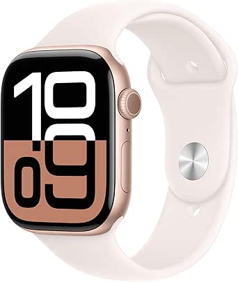 Apple Watch Series 10 (GPS 46 mm) Smartwatch mit Aluminiumgehäuse in Roségold und Sportarmband in Blassrosa (S/M). Fitnesstracker, EKG App, Always-On Retina Display, Wasserschutz