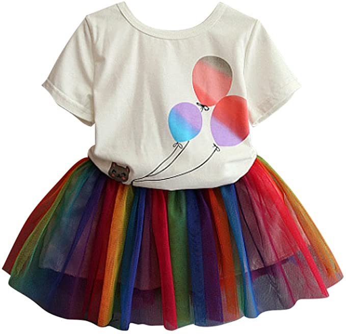 FANCYKIDS Girls Toddler Top Shirt Rainbow Party Dance Tutu Skirt Outfit