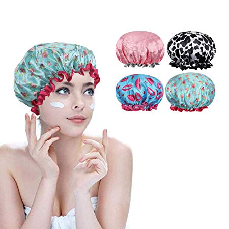 Shower Cap-4 Pack Waterproof Bath Caps Rovtop for Women Salon Spa Shower Reusable Double Layer