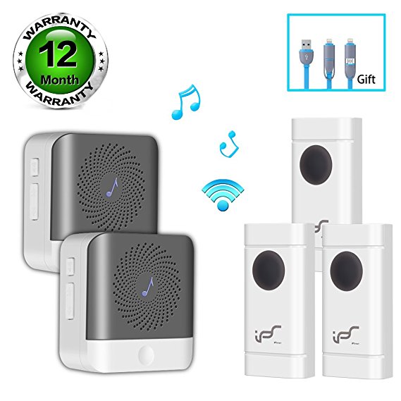 Wireless Doorbell Waterproof Door Chime Kit with 2 Plug-in Receivers & 3 Waterproof Push Button Transmitter Operating Long Range 900ft, 52 Chimes 4 Level Adjustable Volume and LED Flash (3T2)