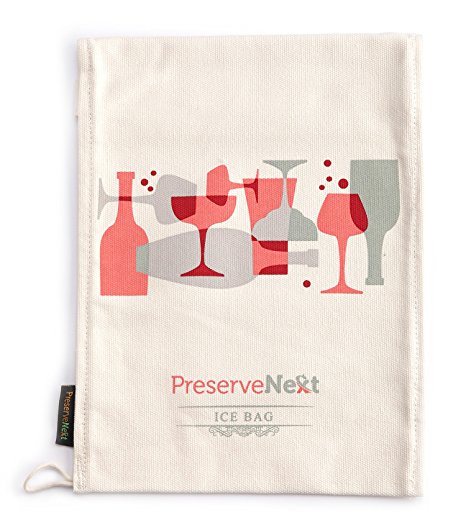 PreserveNext Professional Grade (9.0” x 14.5”) Reusable Lewis Canvas Ice Bag / Ice Crusher - Retro Style for Mixologists - Flutes & Wine Bottle Print – Large (1 Pack)