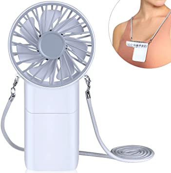 Portable Neck Fan Mini Handheld - Anpro Small Personal Hand held Fan USB Rechargeable Battery Operated for Women/Girls, Hands Free Necklace Fans for Travel/Office, White