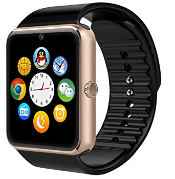 GT08 Bluetooth Smart Watch with SIM Card Slot and NFC Smart Health Watch for Android(Full functions) and IOS(Partial functions) Bracelet Smartwatch (Gold black band)