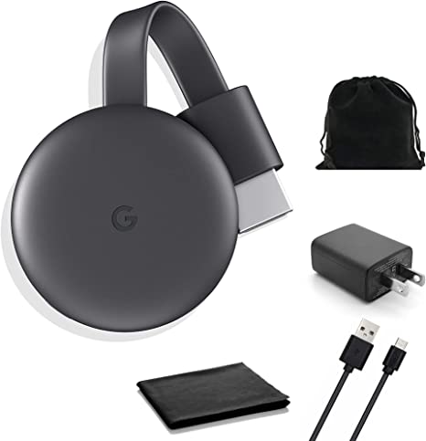 Google Chromecast - Streaming Device with HDMI Cable - Stream Shows, Music, Photos, and Sports from Your Phone to Your TV with Microfiber Cloth and Travel Carrying Pouch - Charcoal