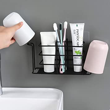 Toothbrush Holder for Bathroom Storage Organizer Electric Toothbrush and Toothpaste Holder Stand with Hanging Adhesive Wall Mount Shower Shelf Accessories can Put 2 Toothbrush Holder Cup - Black