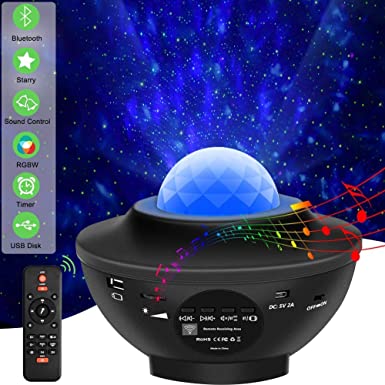 LED Projector Light - Jermily Ocean Wave Star Sky Night Light with Music Bluetooth Speaker,Sound Sensor,Remote Control,360°Rotating Sleep 10 Colors Changing Music for Stage Bedroom Wedding Christmas