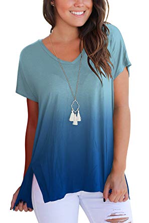 FAVALIVE Womens Short Sleeve T Shirt V Neck Loose High Low Tee Shirts
