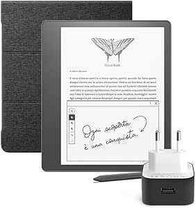 Kindle Essentials Bundle con Kindle Scribe 64 GB (Nero), penna premium, custodia Amazon in tessuto con copertina pieghevole e aggancio magnetico e Caricabatterie USB Amazon PowerFast (9 W)