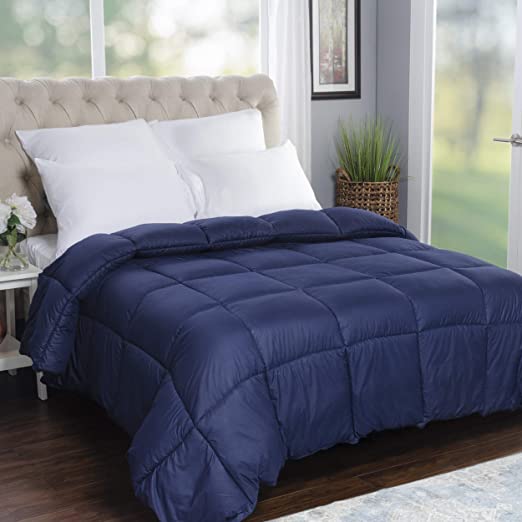 SUPERIOR Oversized All-Season Reversible Down Alternative Comforter, Full/Queen, Navy Blue