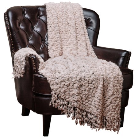 Chanasya Decorative Woven Popcorn Texture Knit Throw Blanket With Ball Fringe- Beige Creme Ivory