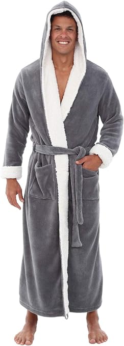 Alexander Del Rossa Men’s Robe, Big and Tall Plush Fleece Hooded Bathrobe with Sherpa and Two Large Front Pockets