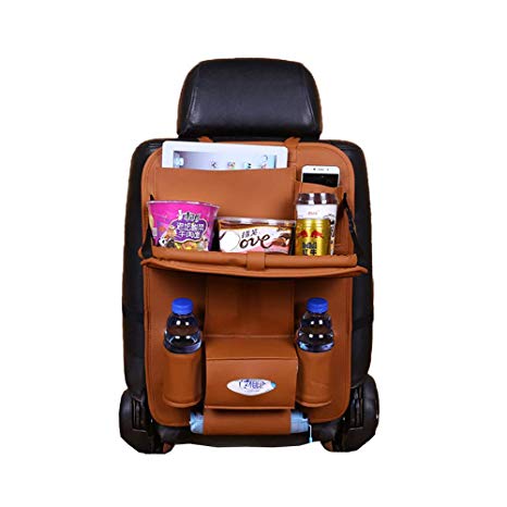 Eocean Car Backseat Protector, Car Backseat Organizer with Leather Foldable Dining Table Tray for Baby and 10 Storage Organizers with Tablet Holder for iPad, Organize All Kids Travel Accessories (Brown)