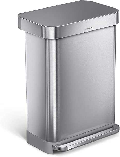 simplehuman 55 Liter Rectangular Hands-Free Kitchen Step Trash Can with Soft-Close, Brushed Stainless Steel with Plastic Lid
