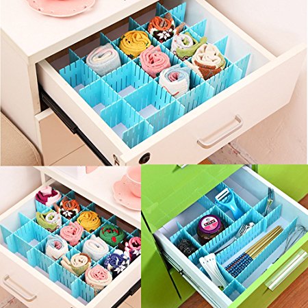 8 Pcs Plastic DIY Grid Drawer Divider Household Necessities Storage Thickening Housing Spacer Sub-grid Finishing Shelves for Home Tidy Closet Stationary Makeup Socks Underwear Scarves Organizer (blue)