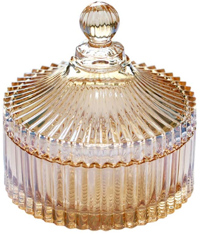 280ML 10OZ Crystal Glass Candy Dish with Lid Decorative Covered Candy Bowl Candy Jar Container Box Glass Apothecary Jar Biscuit Jar Seasoning Jar for Home Kitchen Office Desk Gift(Amber)