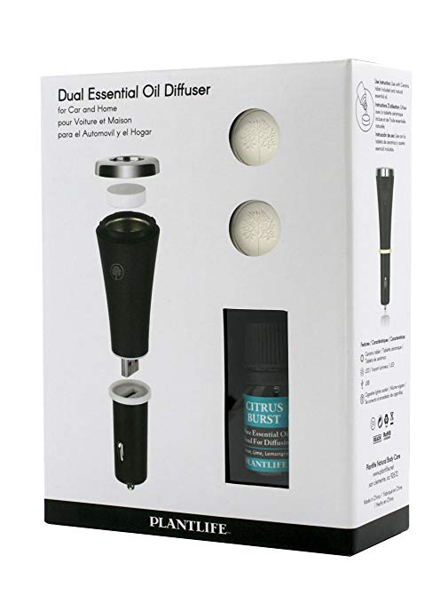 Plantlife Dual Essential Oil Diffuser Gift Set for Car, Home or Work with Citrus Burst Essential Oil, Black