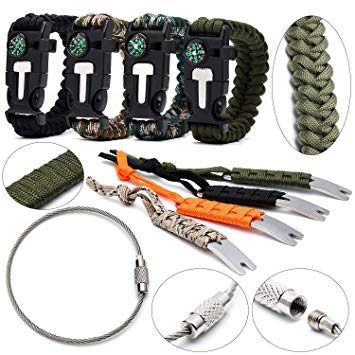 Survival Paracord Bracelet with Compass (4)   Mini Crowbar (4) - Stainless Steel Wire Keychain Cords (20) - Braclet Featurees Flint Fire Starter   Emergency Knife & Whistle
