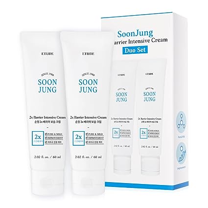 Etude House SoonJung 2x Barrier Intensive Cream Duo Set (2.02 Fl.oz x 2ea) | Hypoallergenic Shea Butter Hydrating Facial Cream for Sensitive Skin, Water-oil Balance & Panthenol for Damaged Skin | K-beauty