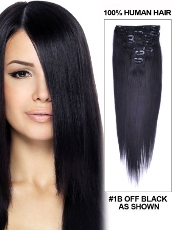 20 inch JET BLACK (Col 1). Full Head Clip in Human Hair Extensions. High quality Remy Hair!. 100g Weight