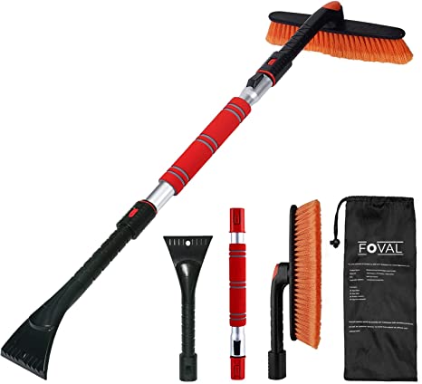 FOVAL 47.2" Extendable Snow Brush and Wider Ice Scraper (4.73" Width) with 360° Pivoting Brush Head, Snow Removal Tool Car Brush with Comfortable Foam Grip for Car Windshield, Trucks, SUVs