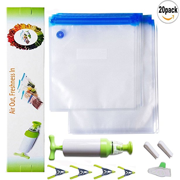 SUNYAO Sous Vide Bags Kit, 20 Reusable BPA Free Food Vacuum Sealed Bags, 1 Hand Pump, 2 Bag Sealing Clips and 4 Sous Vide Clips, Reusable & Easy to Use, Practical for Food Storage & Cooking (20)