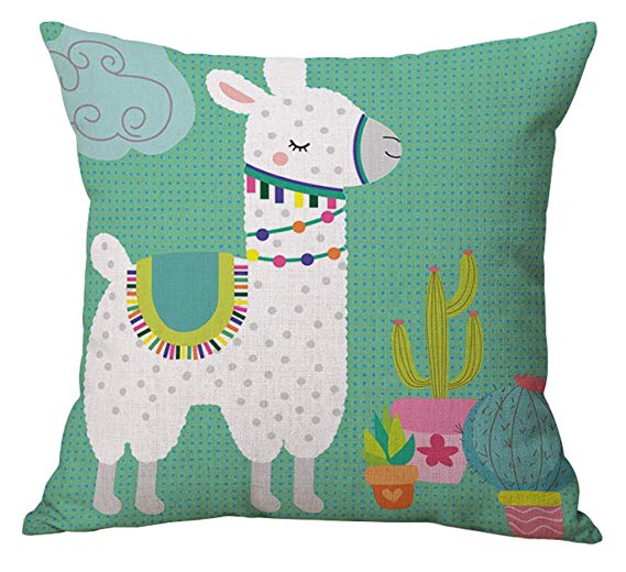 Geepro 18 inch Llama Cactus Decorative Square Cushion Pillow Cover Linen Cotton Animal Print Pillow Case (Teal)