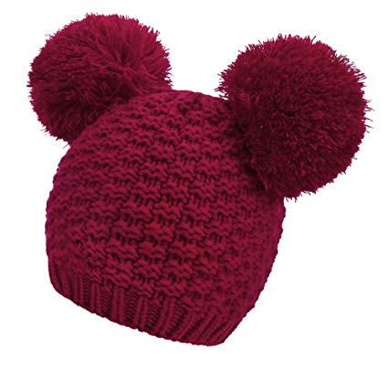 Women's Winter Chunky Knit Beanie Hat with Double Pom Pom Ears