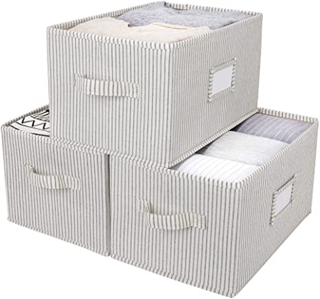 StorageWorks Storage Boxes for Shelves with Handles, Decorative Storage Baskets, Rectangle, Gray and White Stripes, Larege 3-Pack