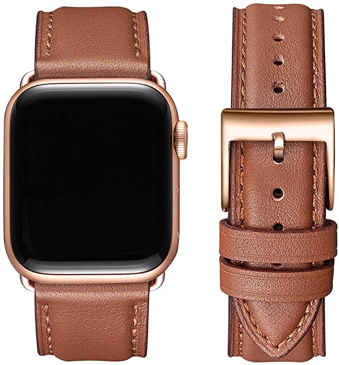 OMIU Square Bands Compatible for Apple Watch 42mm 44mm 38mm 40mm, Genuine Leather Replacement Band Compatible with Apple Watch Series 5/4/3/2/1 Edition (Brown/Rose Gold Connector, 38mm 40mm)