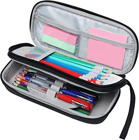 MOSISO Double Layer Pen Pencil Case, Durable Protective Large Capacity Storage Organizer Pen Pouch with Handle & Front Pocket, Office School College Supplies for Students Teens Girls Boys Adults,Black