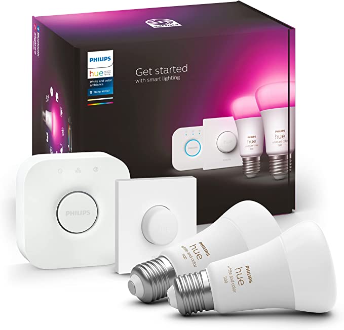 Philips Hue NEW White and Colour Ambiance Smart Light Bulb Starter Kit, 75W - 1100 Lumen [E27 Edison Screw] 2 Bulbs   Smart Button. With Bluetooth. Works with Alexa, Google Assistant and Apple Homekit