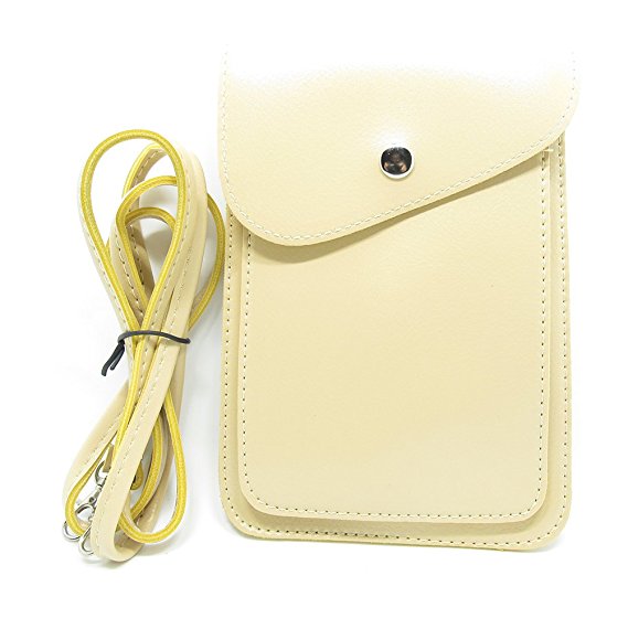 PU Leather 2 Layers Vertical Cellphone Pouch Bag with Shoulder Strap and Magnetic Button for Apple iPhone Samsung Galaxy and Other Smartphone Beige