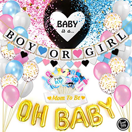 Sweet Baby Co. Baby Gender Reveal Party Supplies for Boy or Girl Baby Shower | Gender Reveal Decorations Kit - Jumbo Black Balloon, Confetti, Banner, OH Baby Balloons, Photo Props, Sash, Garland