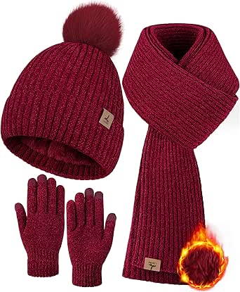 Winter Warm Hat Scarf and Touch Screen Gloves Set, Knitted Pom Beanie Hat Neck Warmer Long Scarf Winter Gloves for Women Men